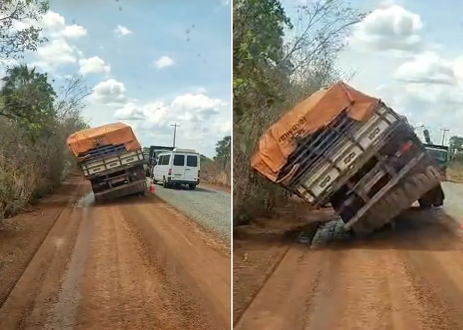 Caminhão carregado de galões de água mineral tomba na BR-222
