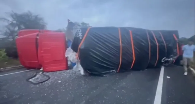 Caminhão tomba após motorista desviar de animal solto na PI-113