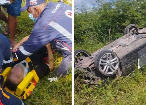Policial fica ferido após colisão com moto e capotamento