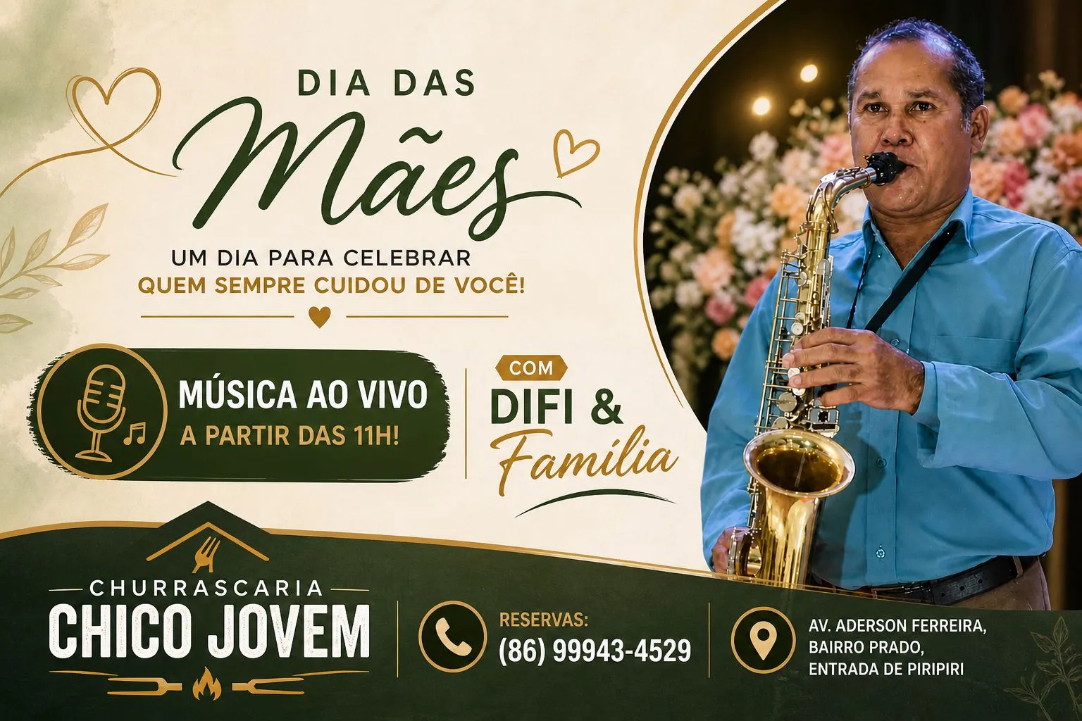 Churrascaria Chico Jovem terá música ao vivo no Dia das Mães