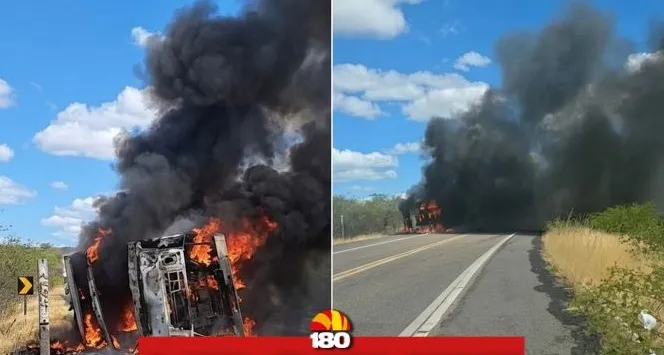 Caminhão carregado de granito tomba e pega fogo em BR no Piauí